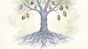 Ilustración en acuarela de un árbol con tronco y raíces en forma de doble hélice de ADN y hojas que contienen rostros difuminados.
