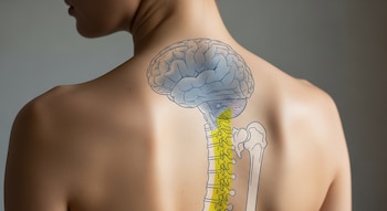 Espalda desnuda de persona con contornos de cerebro, columna vertebral y hueso del brazo superpuestos. La columna y parte del cerebro están resaltados en amarillo.