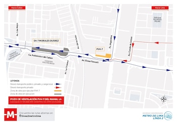 Mapa detallado que ilustra un plan de desvío vehicular en la Av. Elmer Faucett en Callao por la construcción del Pozo PV4-7 de la Línea 4 del Metro de Lima
