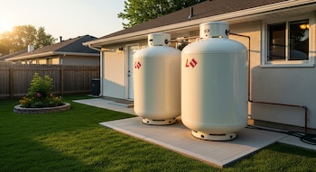 Dos tanques grandes de gas LP de color blanco, con logotipos rojos de 'LP', están situados sobre una losa de hormigón junto a una casa beige con un césped verde.