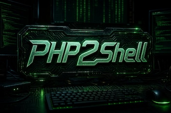 Rótulo metálico con el texto PHP2Shell en luz verde sobre una mesa con teclado, ratón y monitores que muestran líneas de código.