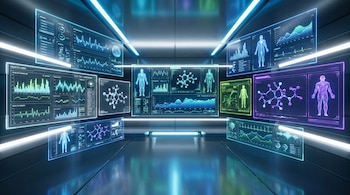 Vista panorámica de una sala de control médica futurista con múltiples pantallas holográficas que muestran gráficos de salud, moléculas 3D y siluetas humanas.