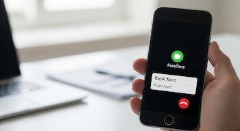 Mano sostiene teléfono con pantalla negra, logo FaceTime y notificación 'Bank Alert Push Alert', con botón rojo de finalizar llamada. Fondo desenfocado.