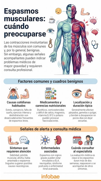Infografía de un cuerpo humano con un lado anatómico muscular y otro con la piel, rodeado de iconos que ilustran causas y síntomas de espasmos musculares.