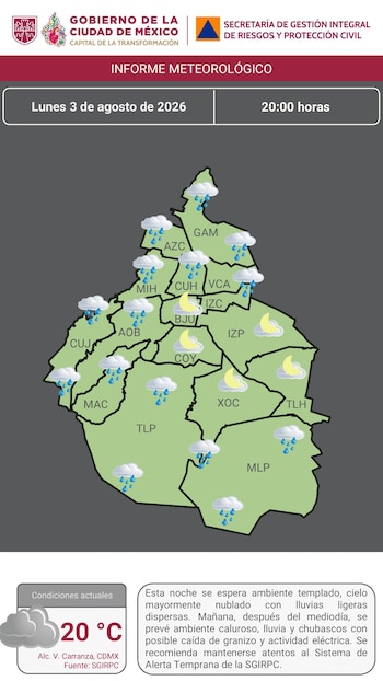 Infografía de informe meteorológico con mapa de la Ciudad de México con iconos de lluvia y luna, temperatura de 20 °C y pronóstico detallado