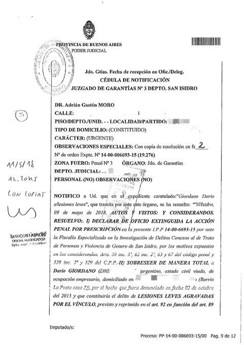 El fallo judicial dispuso el sobreseimiento total de Darío Giordano en la causa por lesiones leves agravadas por el vínculo