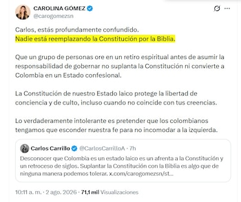 Carolina Gómez rechazó las acusaciones y afirmó que la libertad religiosa también protege a los funcionarios públicos que expresan sus creencias personales - crédito @carogomezsn/X