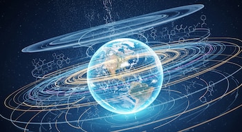 Ilustración de un planeta Tierra azul translúcido con continentes, rodeado de anillos de luz, líneas curvas y estructuras moleculares sobre un fondo oscuro.