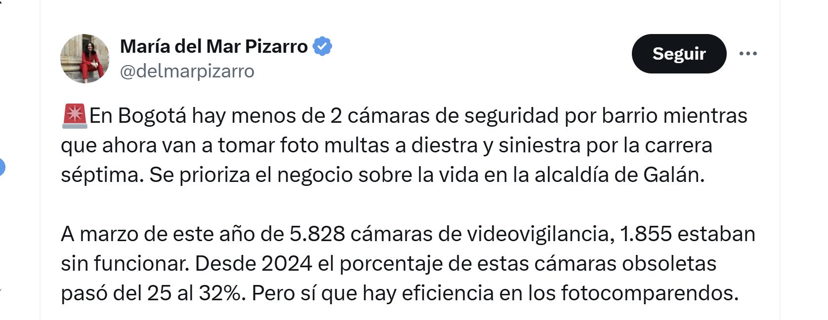 La congresista María del Mar Pizarro reveló que hay más de 1.800 cámaras de videovigilancia sin funcionar en Bogotá - crédito @delmarpizarro/X