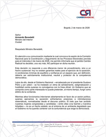 Cambio Radical reveló las razones por las que no asistirá a encuentro sobre las elecciones - crédito Cambio Radical