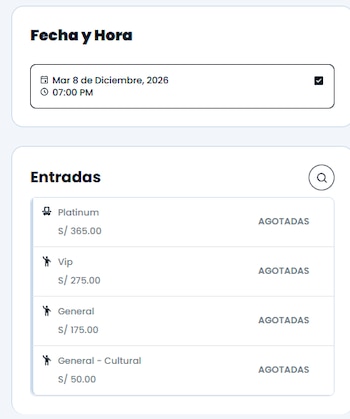 Captura de pantalla de un sitio web con sectores de entradas y precios en soles peruanos marcados con el estado de agotadas