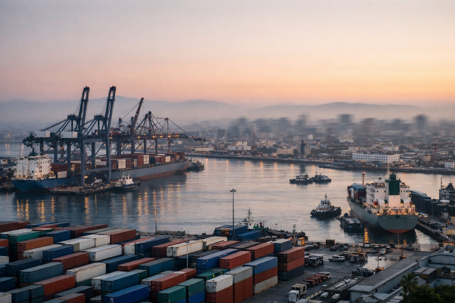 Vista aérea del puerto del Callao al amanecer, mostrando grandes barcos de carga, grúas portuarias y contenedores, en un ambiente de vigilancia tras la reciente alerta sísmica. (Imagen Ilustrativa Infobae)