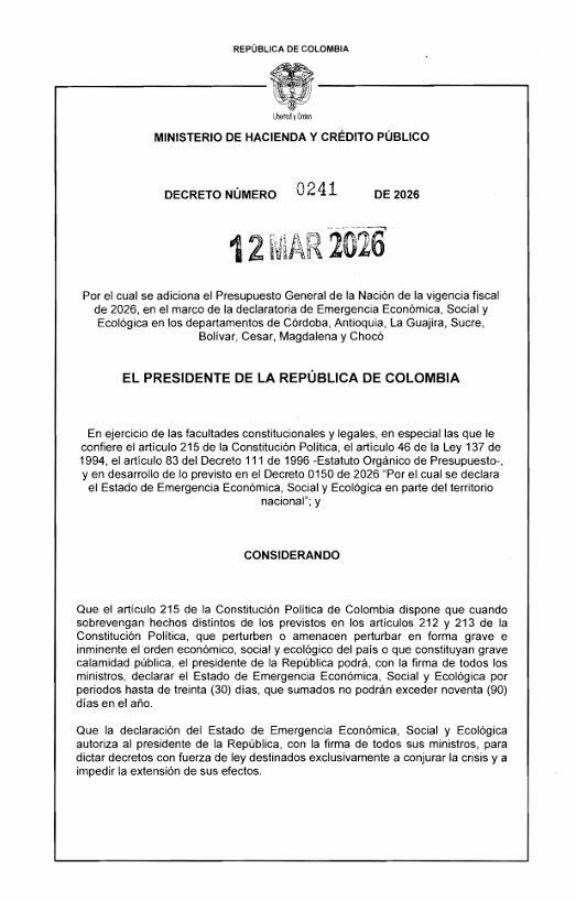 El Decreto 0241 adiciona más de 8,6 billones de pesos al Presupuesto General de la Nación para financiar la reconstrucción de viviendas, vías, colegios y hospitales en las zonas afectadas- crédito Ministerio de Hacienda