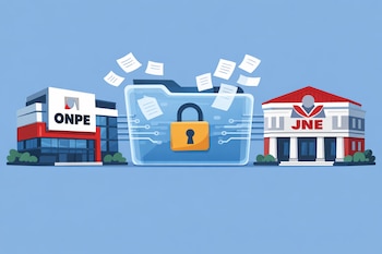 Ilustración plana de los edificios de la ONPE y el JNE, unidos por una carpeta digital translúcida con un candado y papeles flotantes sobre un fondo azul claro.