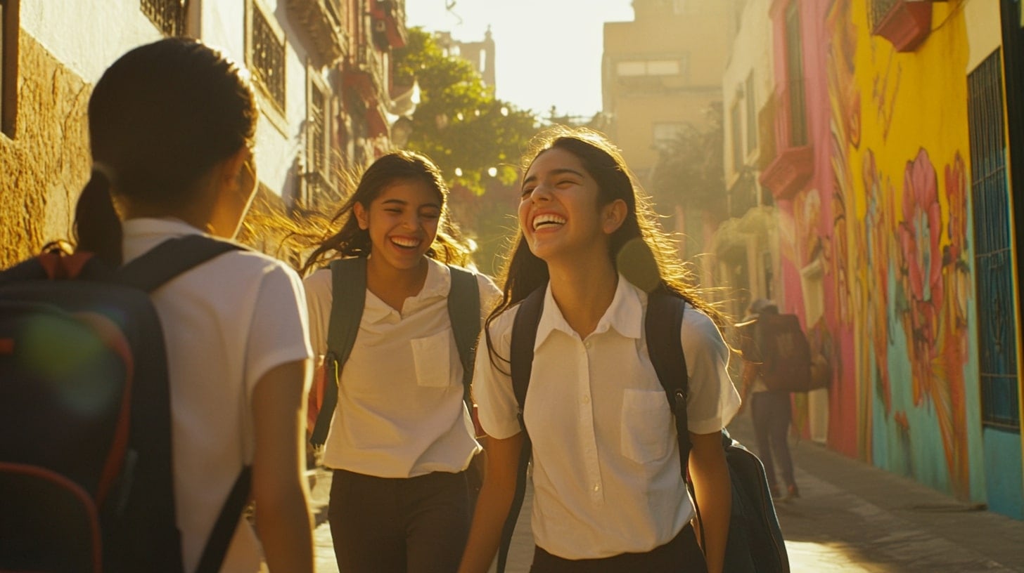 Grupo de adolescentes sonrientes con mochilas, caminando juntos hacia la escuela, reflejando alegría y compañerismo. - (Imagen Ilustrativa Infobae)