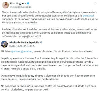 Abelardo de la Espriella respaldó a Elsa Noguera, quien pidió suspender tres nuevas cámaras de velocidad en la Vía al Mar. - crédito @elsanoguerabaq/X y @ABDELAESPRIELLA/X