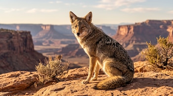 Un coyote de pelaje marrón y gris sentado sobre rocas areniscas, junto a pequeños arbustos y con acantilados de un cañón al fondo.