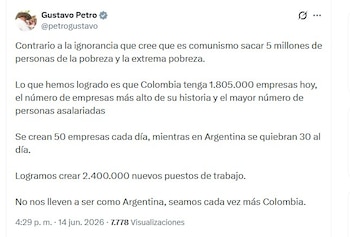 Petro defendió su gestión económica al destacar la reducción de la pobreza, el aumento del número de empresas - crédito @petrogustavo/X