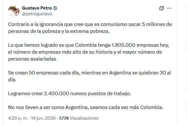 Petro defendió su gestión económica al destacar la reducción de la pobreza, el aumento del número de empresas - crédito @petrogustavo/X