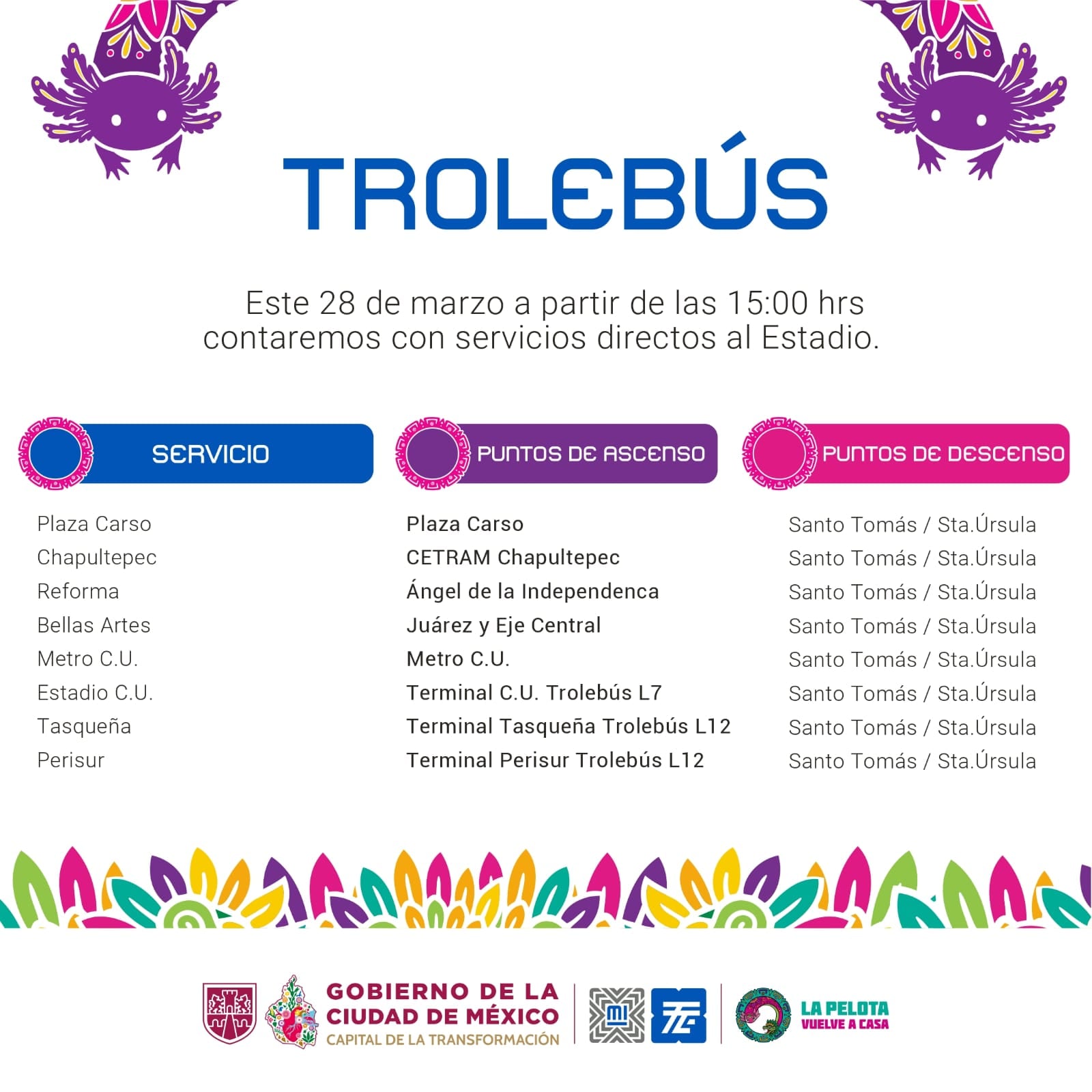 Ocho rutas de Trolebús y RTP conectan puntos estratégicos como Plaza Carso, Chapultepec y Metro CU con el Estadio Banorte. (X/ @STECDMX)