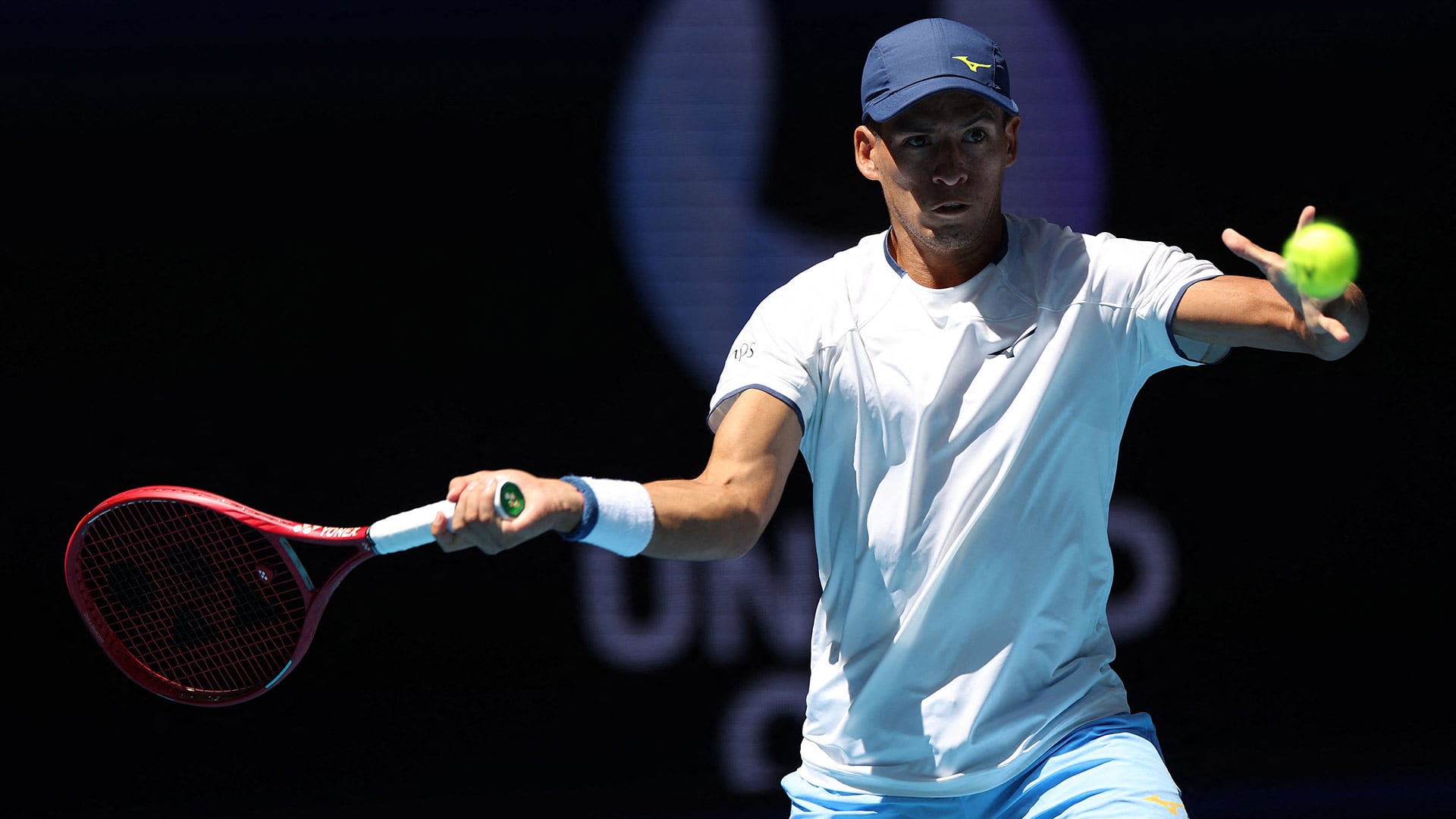 Argentinaís Sebastian Baez hits a return to Spainís Jaume Munar during their menís singles match at the United Cup tennis tournament in Perth on January 2, 2026. (Photo by COLIN MURTY / AFP) / -- IMAGE RESTRICTED TO EDITORIAL USE - STRICTLY NO COMMERCIAL USE --