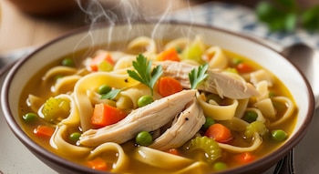 Primer plano de un tazón humeante de sopa de fideos con pollo, zanahorias, guisantes y apio, adornado con perejil fresco.