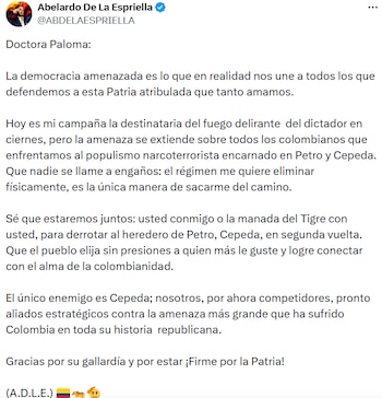 Abelardo De La Espriella destacó la importancia de la unidad opositora y la protección de elecciones libres frente a amenazas políticas. - crédito @ABDELAESPRIELLA/X