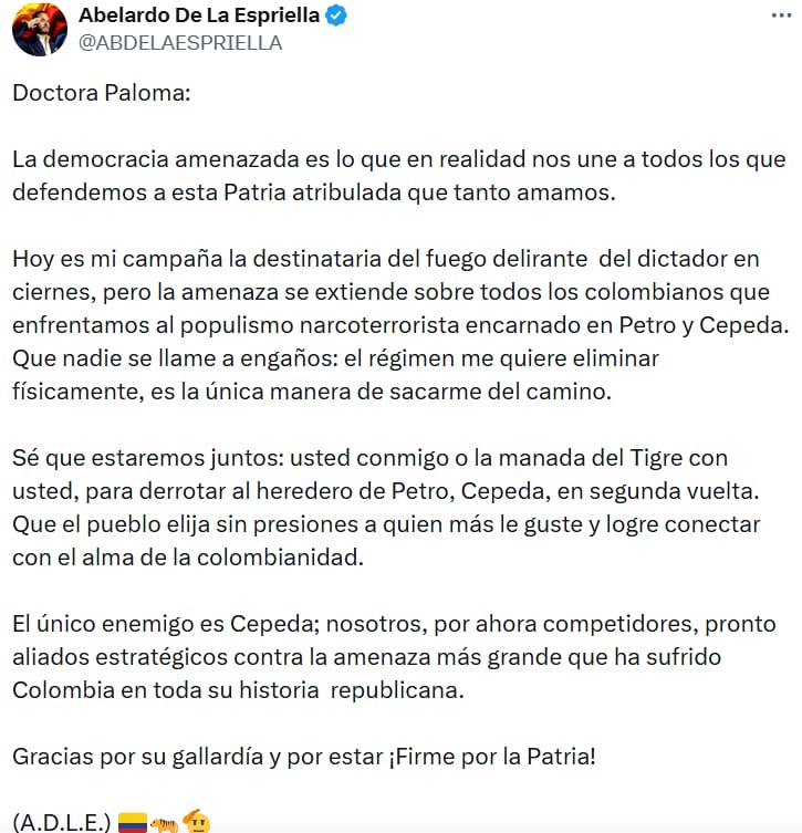 Abelardo De La Espriella destacó la importancia de la unidad opositora y la protección de elecciones libres frente a amenazas políticas. - crédito @ABDELAESPRIELLA/X