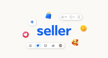 Texto 'seller'. Iconos de redes sociales y comercio electrónico: corazón, signo más, bolsa de compras, likes y comentarios, moneda, emoji de corazón, menú de navegación