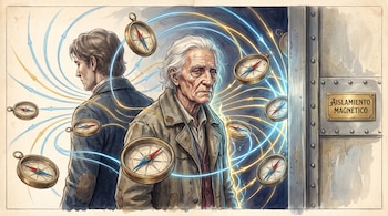 Dibujo de un hombre anciano y otro joven rodeados de brújulas y líneas magnéticas junto a una pared con la placa Aislamiento Magnético.