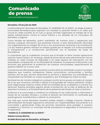 Los alcaldes de Segovia y Remedios negaron vínculos con el Clan del Golfo, mientras la Alcaldía de Remedios rechazó señalamientos y reiteró su compromiso con la legalidad - crédito Alcaldía de Remedios Antioquia / Facebook