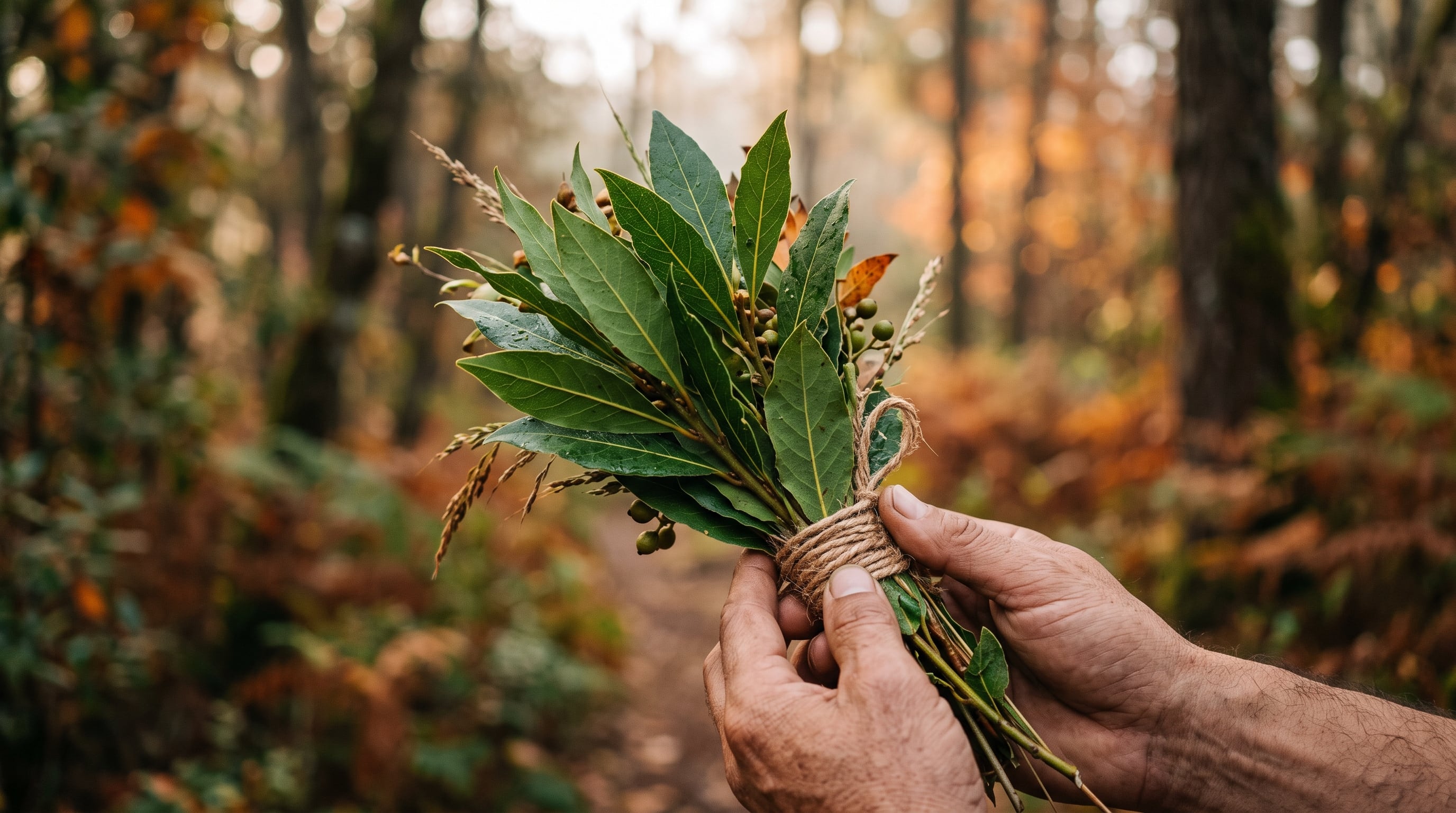 Unas manos sostienen un ramo de laurel atado con hilo de yute durante la celebración del equinoccio de otoño en un bosque del centro de México. (Imagen Ilustrativa Infobae)