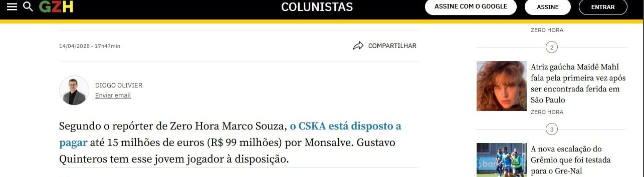 El portal brasileño informó de forma breve pero exclusiva que el futbolista colombiano sería pretendido por el equipo ruso-crédito Radio Gaucha