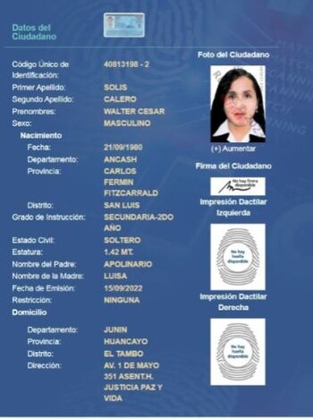 Ficha Reniec de Walter Solís