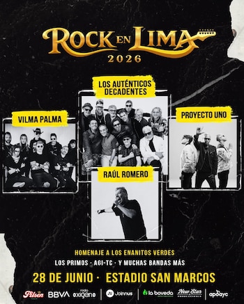 Cartel del concierto Rock en Lima 2026. Muestra fotos en blanco y negro de Vilma Palma, Los Auténticos Decadentes, Proyecto Uno y Raúl Romero. Indica fecha y lugar