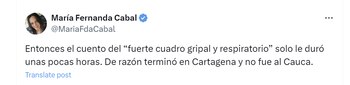 La senadora María Fernanda Cabal generó dudas sobre el estado de salud del presidente Gustavo Petro - crédito @MariaFdaCabal/X