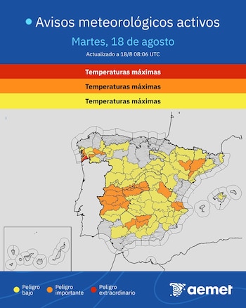 Mapa de alertas meteorológicas por temperaturas extremas, para este martes, 18 de agosto de 2026. (Aemet)