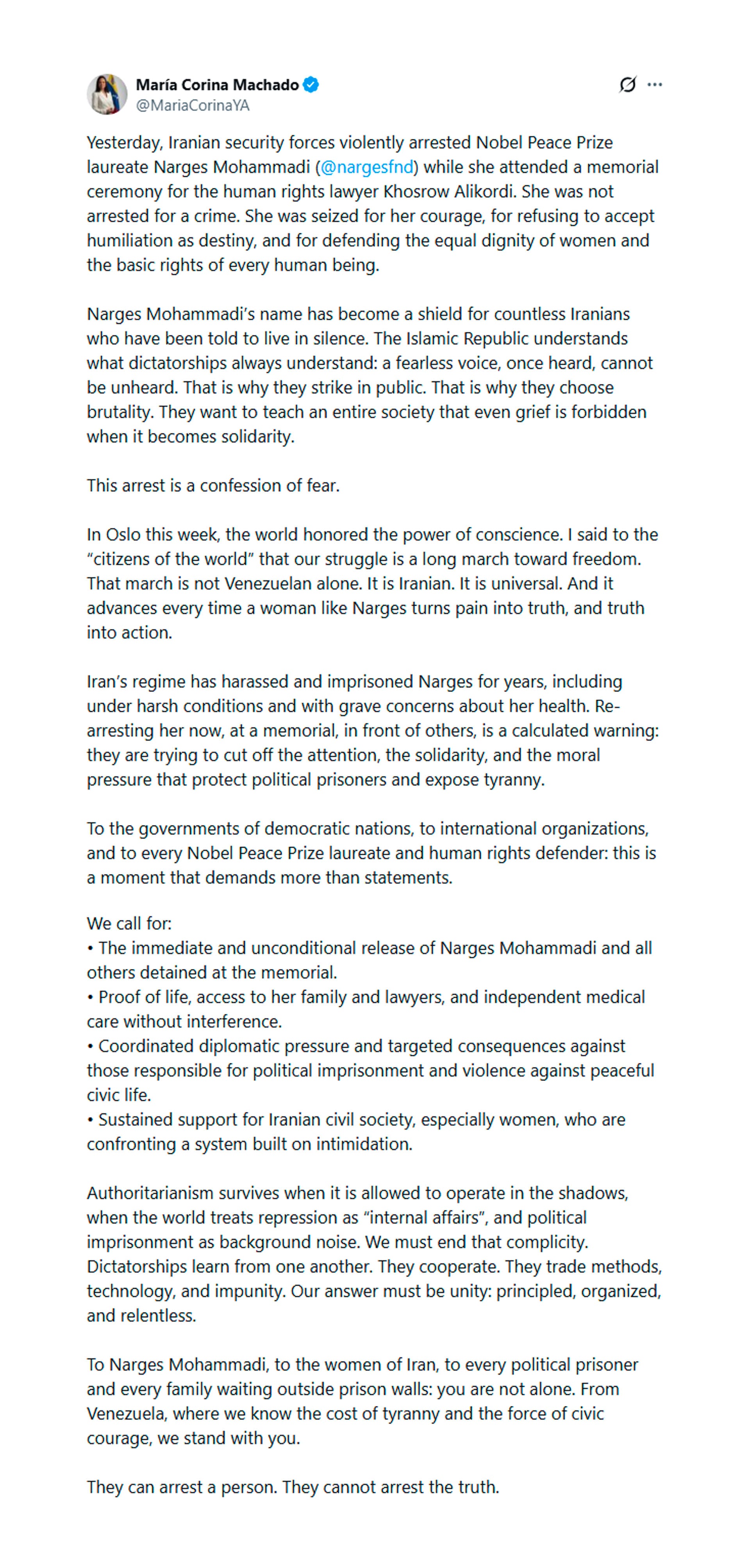 El mensaje de María Corina Machado en X