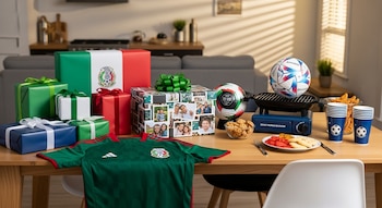 Mesa de madera con regalos, playera de la Selección Mexicana, balones de fútbol, asador portátil azul, botanas y vasos temáticos de fútbol en un ambiente hogareño.