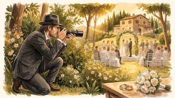 Hombre con traje y sombrero detrás de arbustos toma fotos con cámara de lente larga en boda al aire libre. Se ven dos anillos y un ramo de flores.
