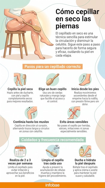 Infografía con mujer sentada cepillando su pierna, ilustraciones de pasos para el cepillado en seco, un calendario, un grifo y productos de higiene corporal.