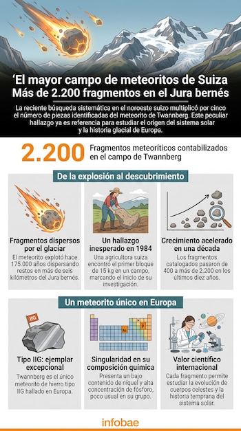 Infografía con ilustraciones de montañas, meteoritos y recuadros explicativos con datos sobre un hallazgo en Suiza.