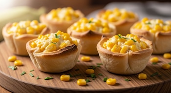Varias canastitas de choclo recién horneadas con relleno cremoso y granos de maíz visibles, sobre una tabla de madera rústica, con hierbas verdes esparcidas.