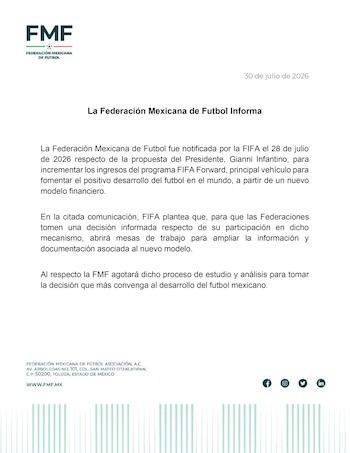 El comunicado de la FMF establece que agotará un proceso de estudio antes de definir si respalda el nuevo modelo financiero de la FIFA. (X/ @FMF)