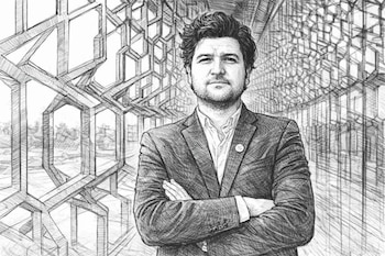 Dibujo de hombre con traje y brazos cruzados, mirando al frente. Fondo de arquitectura moderna con patrones geométricos y grandes ventanas.