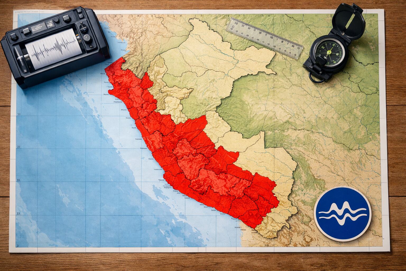 Un mapa físico del Perú destaca las regiones de mayor actividad sísmica con instrumentos de medición y el logotipo del IGP en una composición cenital para reporte científico. (Imagen Ilustrativa Infobae)