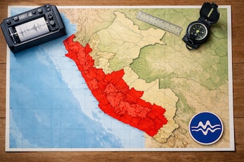 Mapa físico de Perú con regiones resaltadas en rojo, sismógrafo, regla, brújula y un logo circular azul con ondas blancas sobre una mesa de madera.