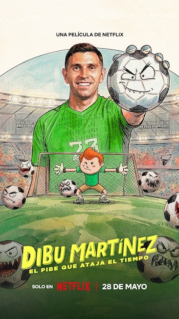 Póster de película con un dibujo de Emiliano 'Dibu' Martínez sonriendo, sosteniendo un balón de fútbol animado con rostro, sobre un niño arquero