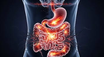 Ilustración del torso humano con el cerebro, el estómago y los intestinos iluminados en rojo y naranja; líneas negras emergen de los intestinos; un gráfico de pulso rojo sobre el cerebro.