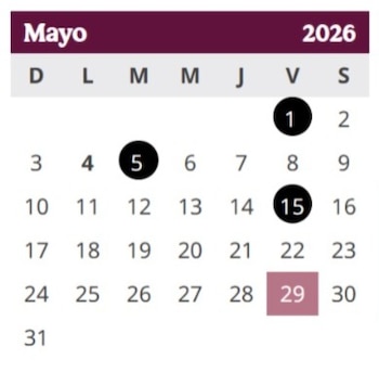 Calendario de Mayo de 2026 con los días de la semana y los números. Los días 1, 5 y 15 están en círculos negros y el día 29 en un recuadro rosado